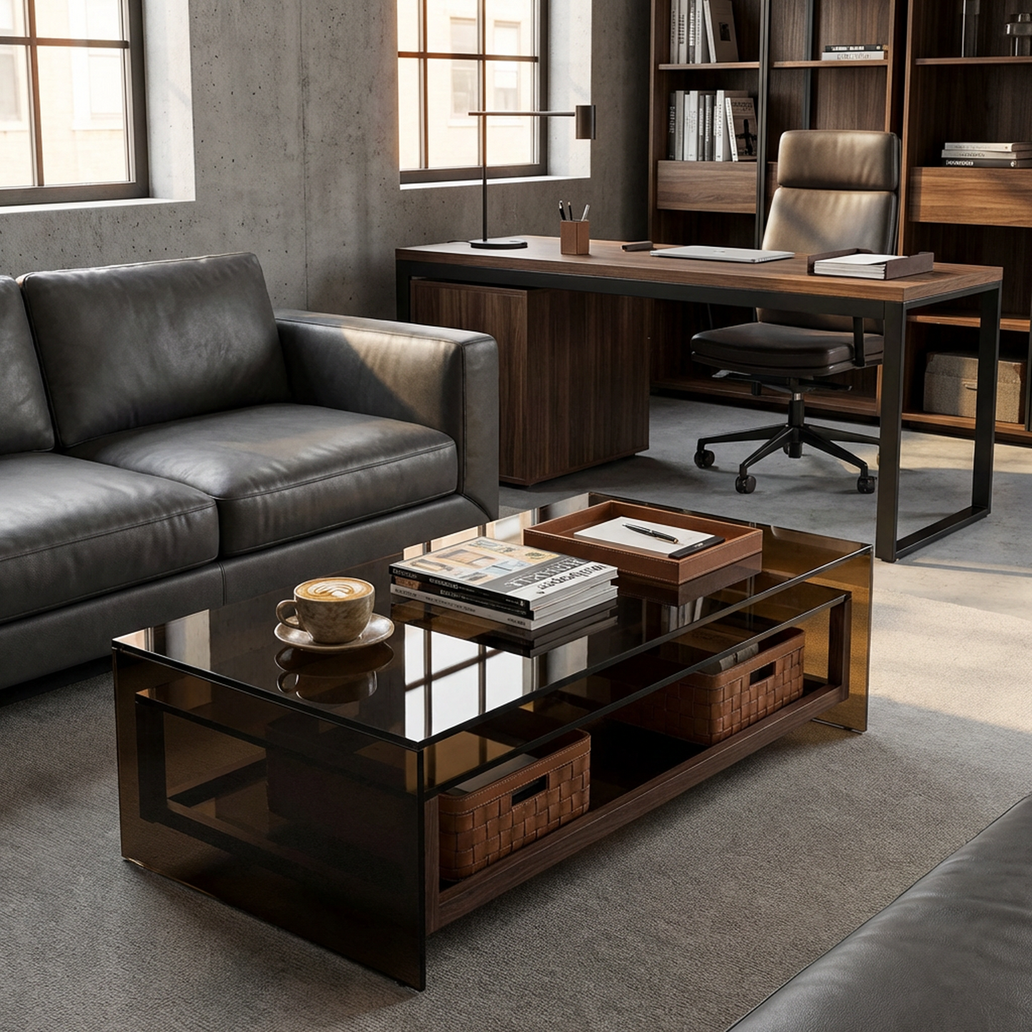 Smoked Glass Coffee Table – Bronze-Tinted Glass Top with Built-In Lower Wood Shelf, Modern Minimalist Center Table