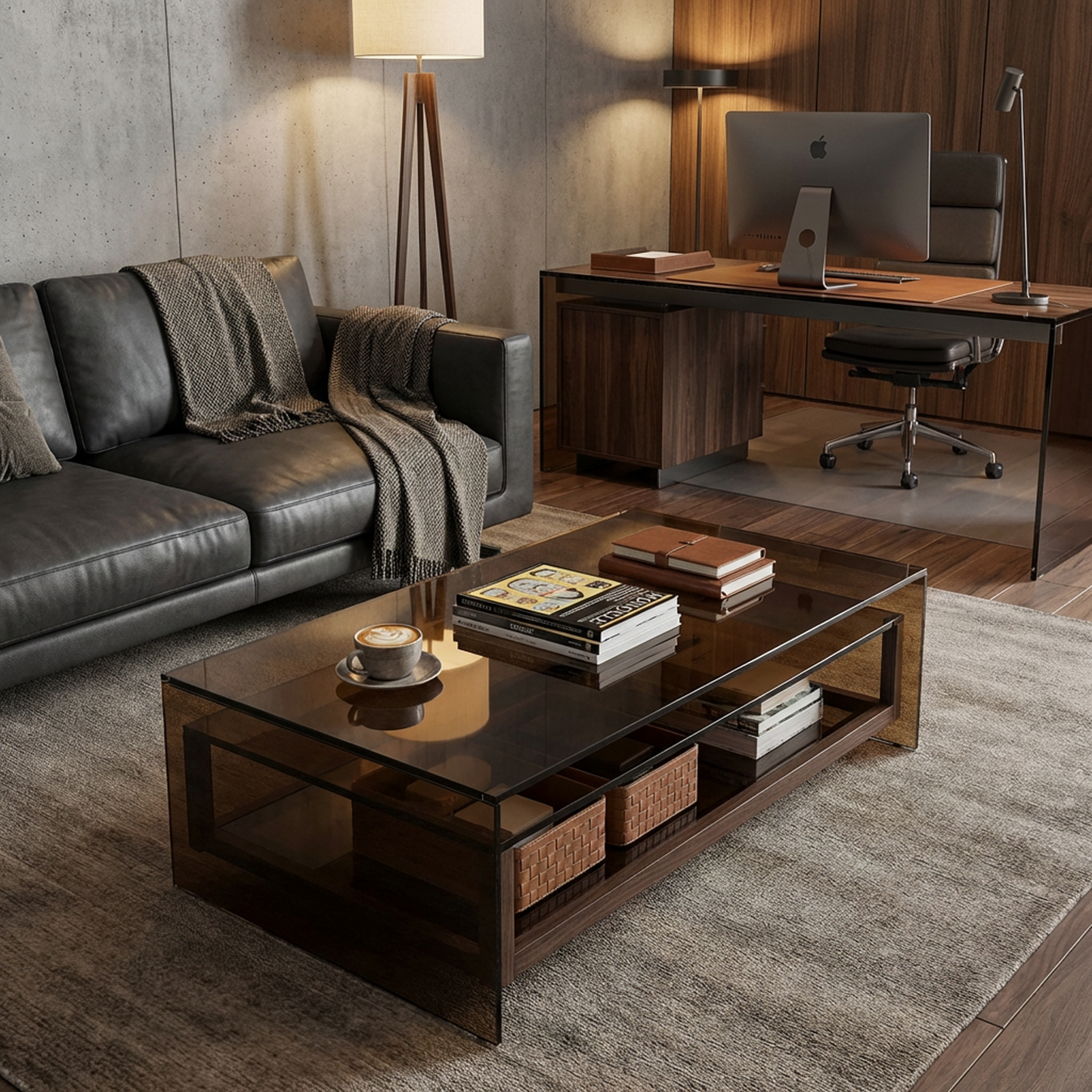 Smoked Glass Coffee Table – Bronze-Tinted Glass Top with Built-In Lower Wood Shelf, Modern Minimalist Center Table