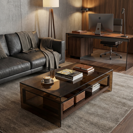 Smoked Glass Coffee Table – Bronze-Tinted Glass Top with Built-In Lower Wood Shelf, Modern Minimalist Center Table
