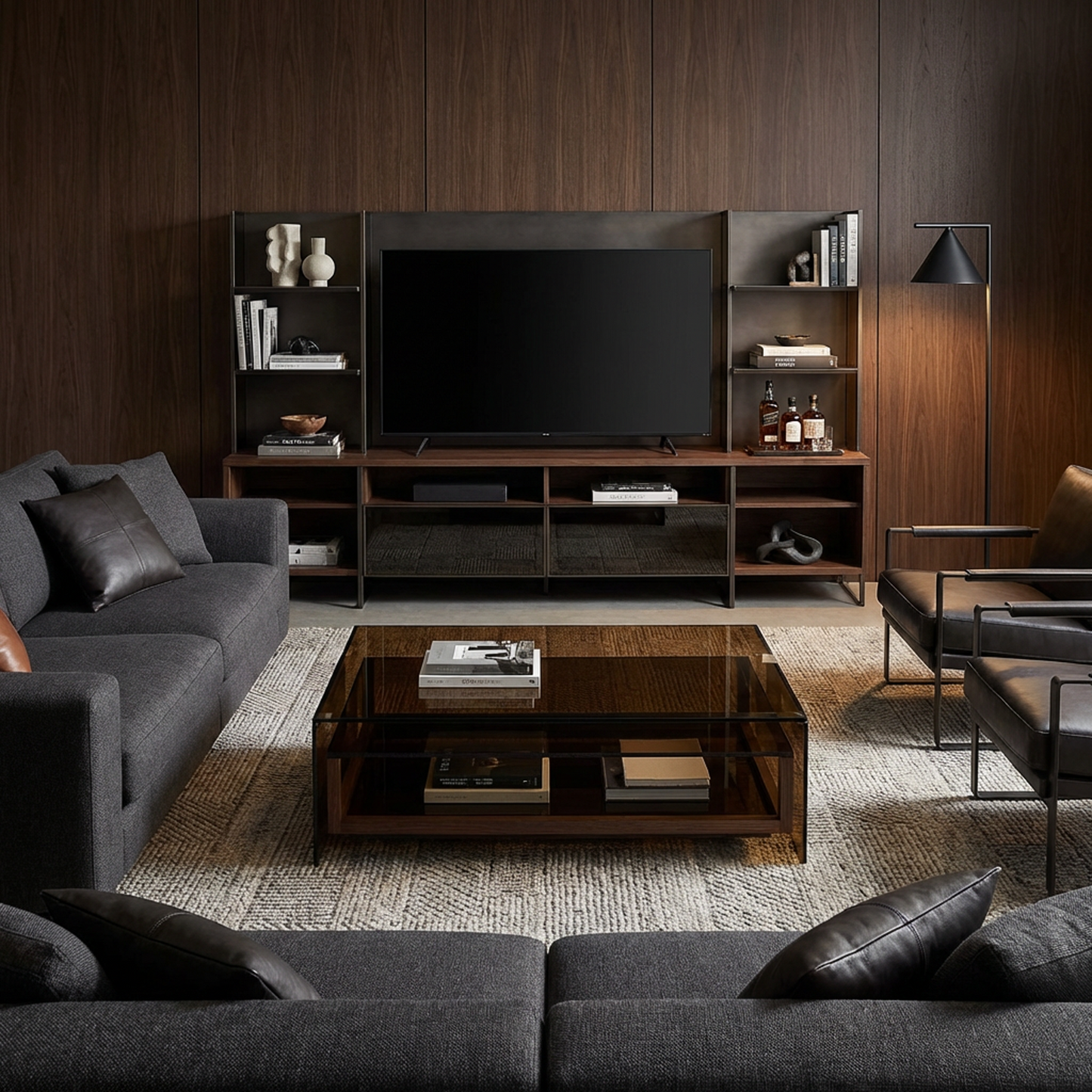 Smoked Glass Coffee Table – Bronze-Tinted Glass Top with Built-In Lower Wood Shelf, Modern Minimalist Center Table