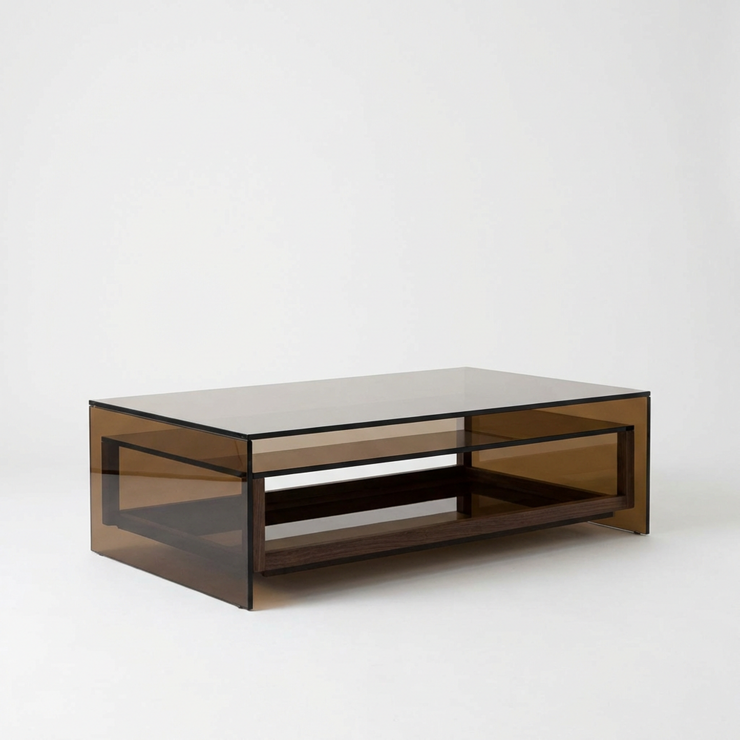 Smoked Glass Coffee Table – Bronze-Tinted Glass Top with Built-In Lower Wood Shelf, Modern Minimalist Center Table