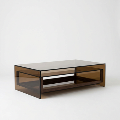 Smoked Glass Coffee Table – Bronze-Tinted Glass Top with Built-In Lower Wood Shelf, Modern Minimalist Center Table