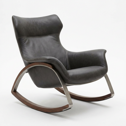 Modern Leather Rocking Chair – Charcoal Upholstered Lounge Rocker with Walnut Wood Rockers & Brushed Metal Frame
