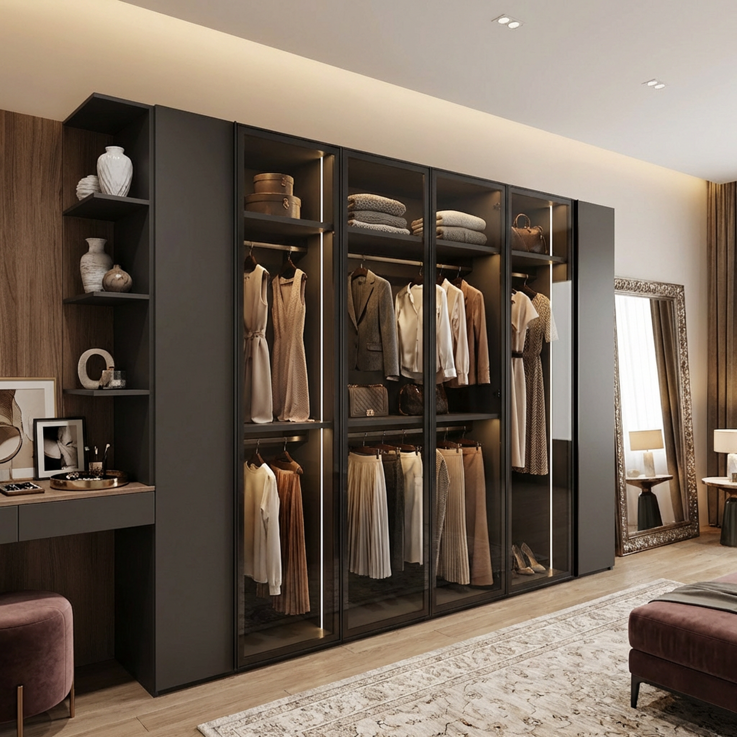 Modern Black Glass-Door Wardrobe