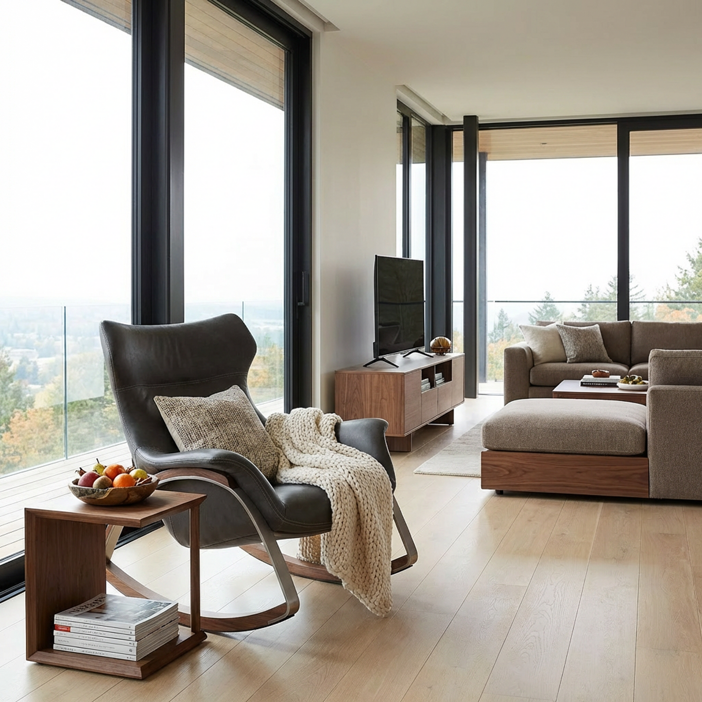 Modern Leather Rocking Chair – Charcoal Upholstered Lounge Rocker with Walnut Wood Rockers & Brushed Metal Frame