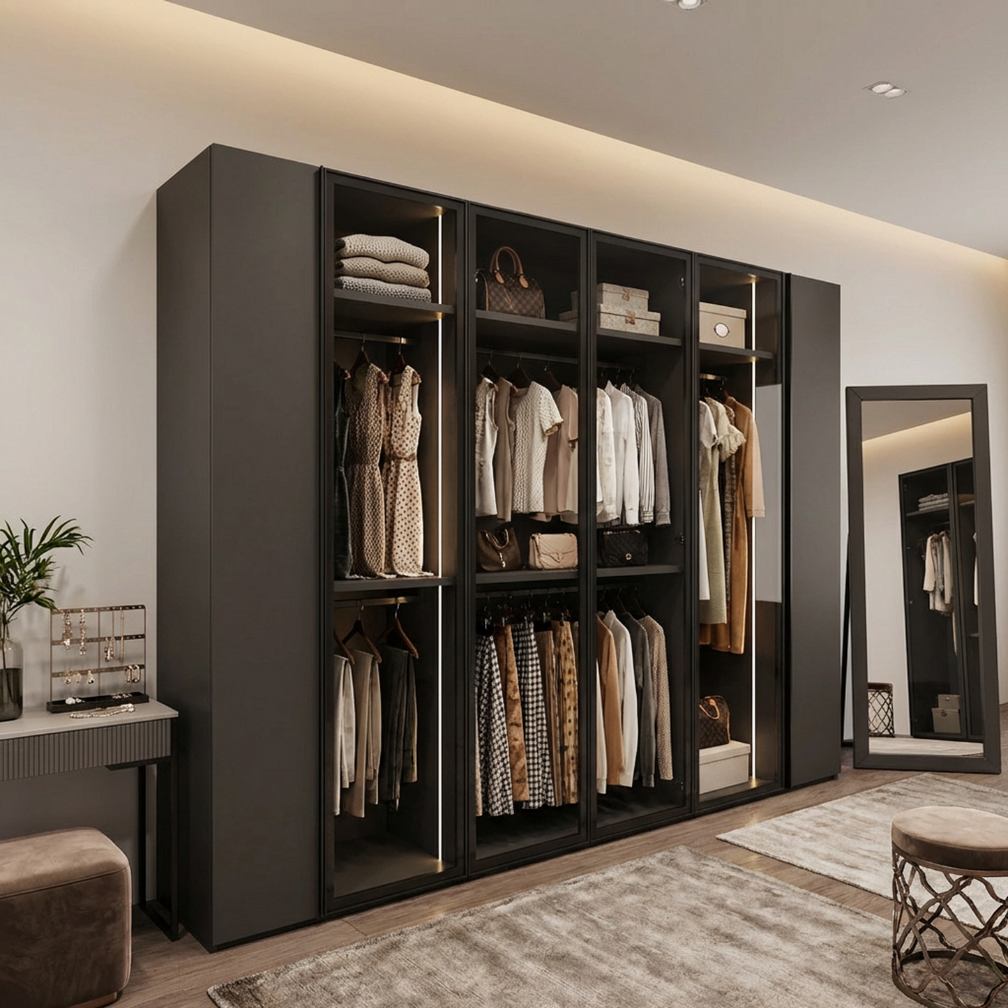 Modern Black Glass-Door Wardrobe