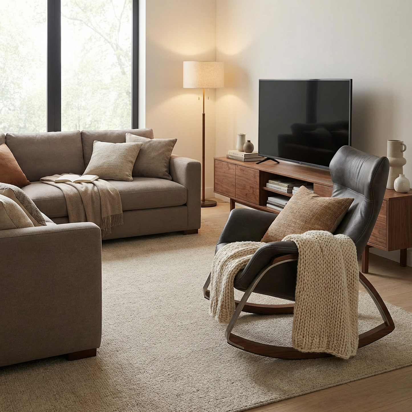 Modern Leather Rocking Chair – Charcoal Upholstered Lounge Rocker with Walnut Wood Rockers & Brushed Metal Frame