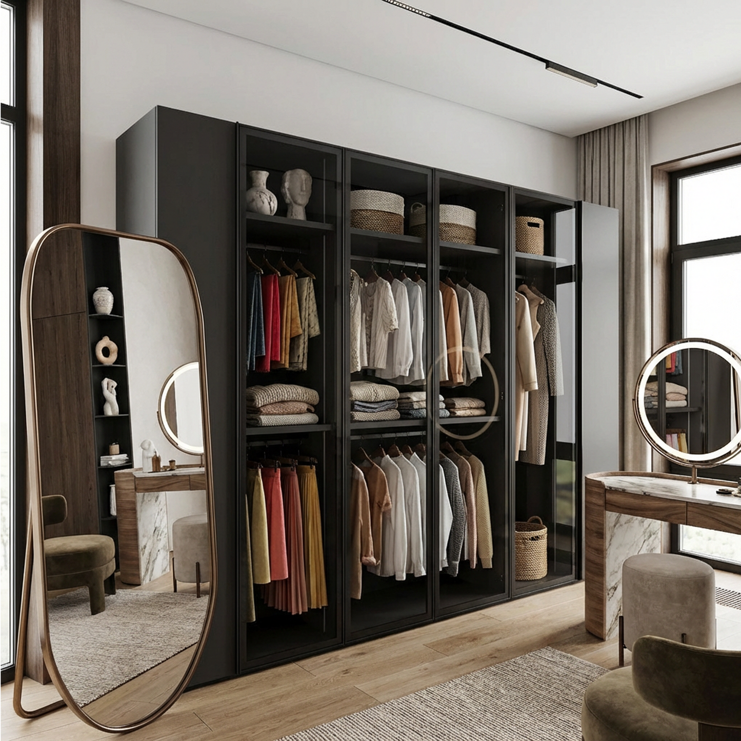Modern Black Glass-Door Wardrobe