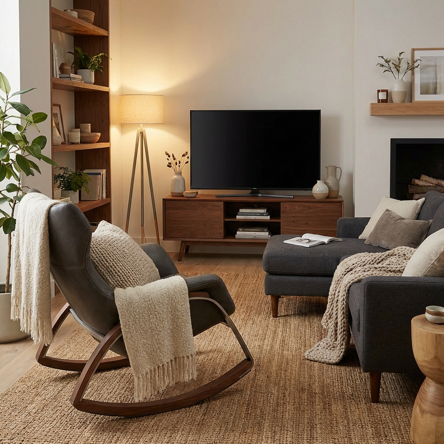 Modern Leather Rocking Chair – Charcoal Upholstered Lounge Rocker with Walnut Wood Rockers & Brushed Metal Frame